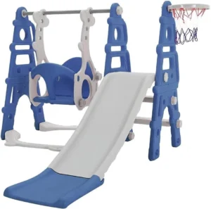 FUKEA Large 4-in-1 Kids Slide & Swing Set with Basketball Hoop,Blue for Ages 1-3